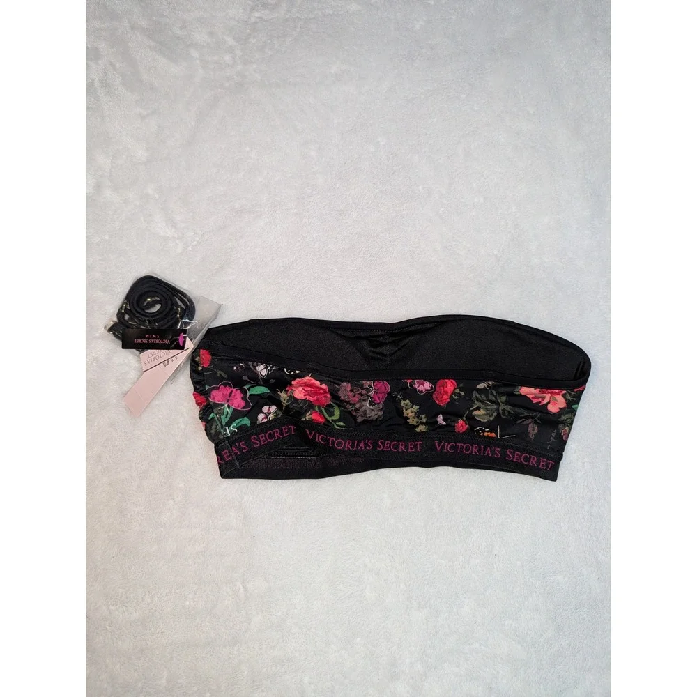 Victoria's Secret Swim Floral Bandeau Bikini Top Logo Band Black Multi M NWT‎